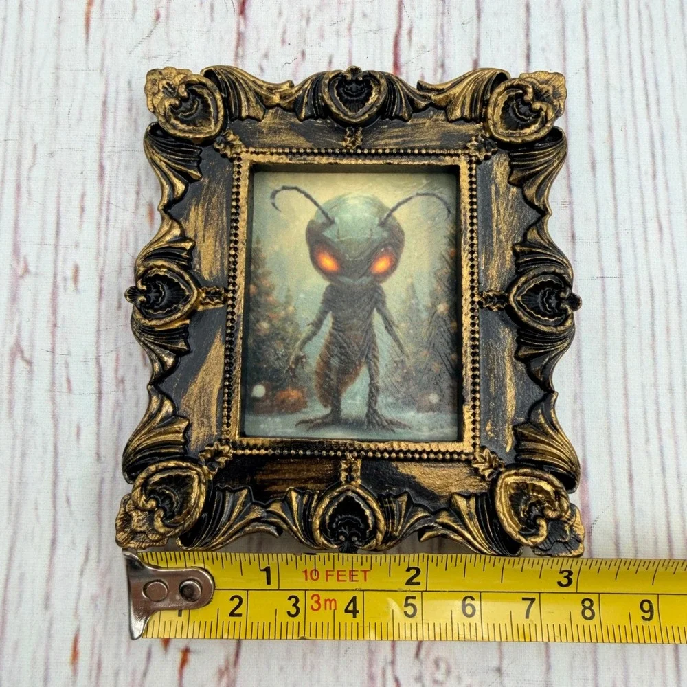 Handmade Alien Creature Ornate Gold Resin Frame Decoupage Art Print 3.75in